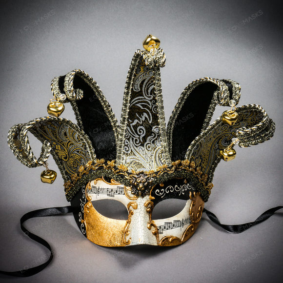 Jester Joker Venetian Musical Eye Mask with Bells - Black Gold - Picture 2 of 10